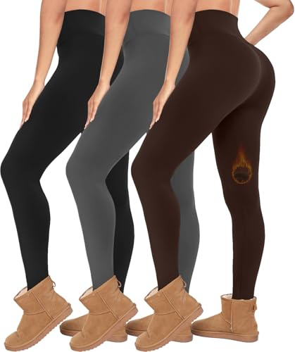 3 Pack Fleece Lined Leggings for Women Thermal Tummy Control High Waist Running Tights Winter Workout Yoga Pants
