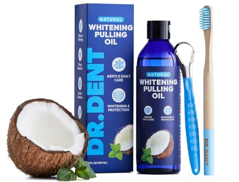 DR.DENT Bain de bouche à l'huile de coco (oil pulling) – Blanchiment naturel des dents et haleine fraîche – Sans alcool – Sans fluorure, 237 ml – Brosse à dents et gratte-langue inclus