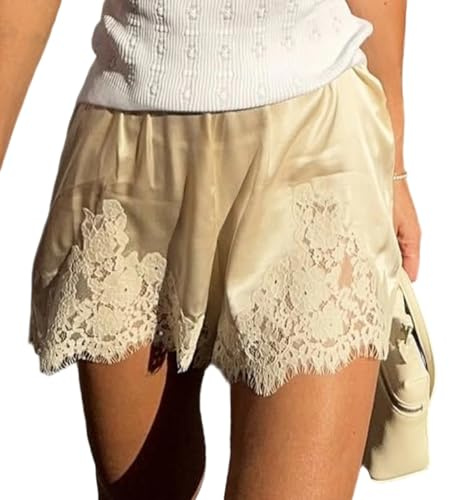 Women Lace Trim Satin Shorts Silk Boxers Lounge Shorts Slips Satin Bloomers Culotte Short Pettipants, A-champagne, S