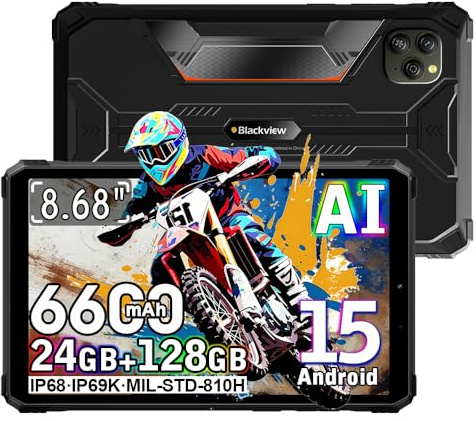 Blackview Active 5 Android 15 Rugged Tablet 8 inch, 24GB+128GB+2TB Tablet in Offerta, 6600mAh Rugged Smartphone, Altoparlanti 2W*2, IP68/69K Robusto Tablets, Dual SIM,4G LTE,5G WIFI,GPS,OTG,NFC, Nero