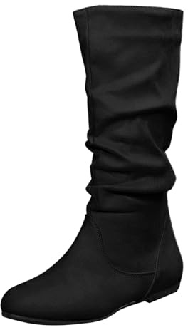 Bottes tendance en daim pour femme - Bottes de cowboy pour femme - Couleur unie - Avec plis - Style britannique - Bottes moyennes avec semelle plate - Élégantes - Bottes western confortables, Noir