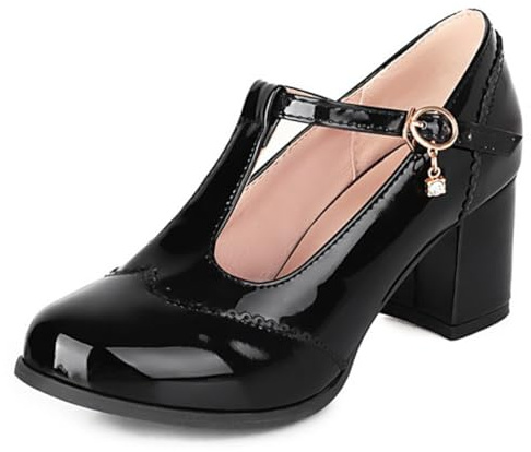 Dam T-rem blockklack Mary Jane pumps rund tå högklackade för skola kontor och vardagliga utflykter slip-on PU övre bekväm passform