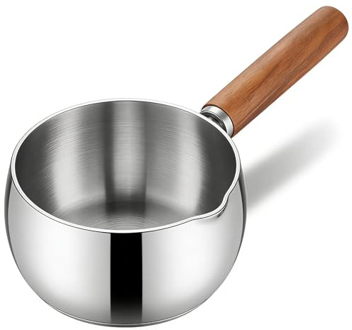 Demlaka 500 ml de acero inoxidable para leche, cacerola con mango de madera, olla pequeña para salsas, olla de leche, calentador de mantequilla, cacerola para inducción, mini calentador de leche y