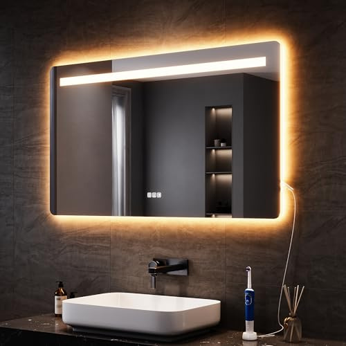 SONNI Badrumsspegel med belysning 120 x 70 cm, LED-spegel med touch-strömbrytare och minnesfunktion, 3 justerbara ljusfärger, dimbar, dimfri, uttag