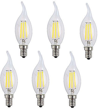 ougeer 6 Stück E14 Filament LED Kerze E14 4 W, 400lm, AC 220-240 V kaltweiß 6500 K, Flame Tip Candle Lampe C35 LED Kerze Edison Halogen-Leuchtmittel 40 W ersetzt