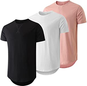 JMIERR Men's 3 Pack Cotton Hipster Hip Hop Longline Crewneck T-Shirt, Short Sleeve Gym Workout Athletic T Shirts for Men Pack,L, Black/White/Pink