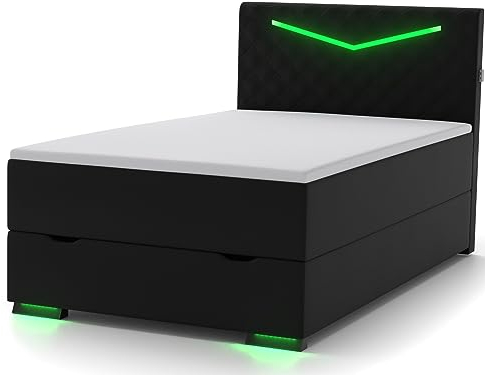 wonello Dacota Boxspringbett 90x200 mit Bettkasten in Schwarz I LED Beleuchtung und USB Anschlüssen I Design Bett für Jugendliche und Erwachsene I Stauraumbett mit Matratze und Topper