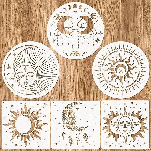 JSRQT 6 Piezas Grande Sol y Luna Stencils Plantillas Pintura,Reutilizable Painting Template Set, DIY Dibujo Plantillas para Pintar en Madera Pared Muebles Losas Decoración(30x30CM)