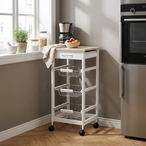 DecHome - Carrello Cucina con Ruote, Portafrutta Portatutto Multiuso in Metallo Dimensioni 37x37x77.5 cm Bianco/Rovere
