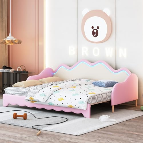 Zravenna Cama tapizada, cama nido de la misma altura, 90 (180) x 190 cm, cama extensible a cama doble, cama infantil, sofá cama, capacidad de carga 120 kg (rosa), LDU00115AAA4