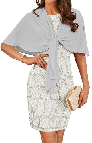 GRACE KARIN Abito da cocktail da donna, senza maniche, con paillettes, scollo rotondo, scintillante, due pezzi, vestito + scialle per matrimonio, Argento, 50