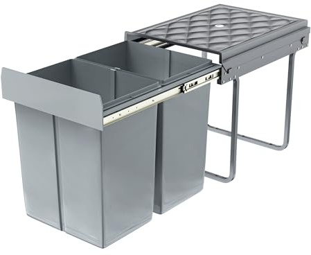 XMTECH Sophink för kök, utdrag, inbyggd soptunna, underskåp, sopseparationssystem, 2 fack utdragbart 2 x 20 L, fullt utdrag med teleskopskenor, 48 x 34 x 42 cm (L x B x H), grå