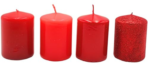 Dekohelden24 Velas de Adviento, velas de Adviento, velas de mesa, vela de bloque, vela de mesa en rojo adviento, incluye 4 unidades, 5 x 5 x 7 cm (largo x ancho x alto).