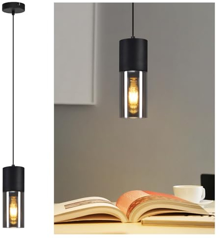 Lichtmaler Pendelleuchte 1 Flammig Pendellampe Esstisch - Hängeleuchte Schwarz E27 Küche Glas Schwarz Metall Hängelampe Industrie Modern für Esstisch Wohnzimmer Schlafzimmer