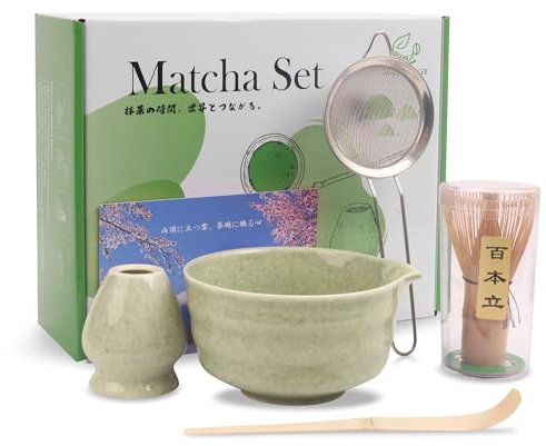 Myrthra Matcha Set - Matcha Tea Set 5PCS Matcha Besen Set - Matcha Set für Einsteiger - Stylisches Matchas Set Matcha-Besen,Matcha Filtersieb,Matcha-Schale, Chasen und Matcha Löffel, Jade (Light Jade)