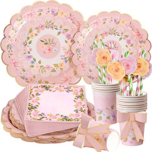 EASY JOY 80Pcs Afternoon Tea Party Tableware Vintage Party Decorations Pink Floral Flower Paper Plates Straws Napkins Bow Cups for Girl Birthday Wedding Baby Shower Garden Mother's Day Decor