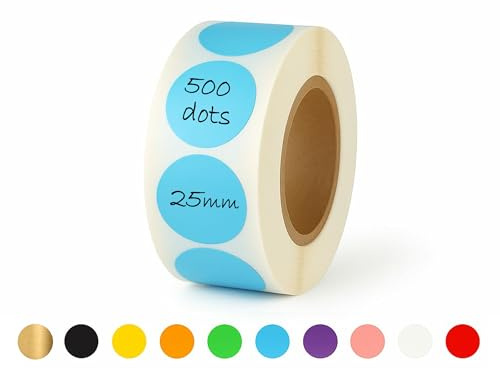 25mm Sticky Dots - 500 Round Coloured Dot Stickers, 10 Assorted Colours, Writable Semi Gloss Labels, Easy Peel Roll, Durable Circle Labels for Office, School Calendars, Crafts & Organisation (Blue)