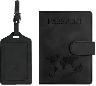Protege Passeport et Etiquette Valise Set, Protege Passeport Personnalisé pour Hommes et Femmes Passport Cover pour Travel Essentials Passport Holder pour d'identité Documents de Voyage(Noir)