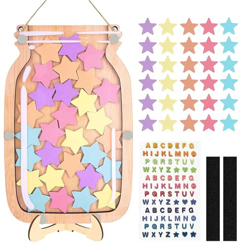 Tmefoy Belohnungsglas Belohnungsglas für Kinder, Belohnungsglas Magnetisch Belohnungssystem Kinder Belohnungssystem Grundschule Lehrerbedarf Belohnungsglas mit Holzhalter(30 Sterne + Sticker)