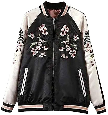 Viport Women's Floral Phoenix Embroidered Reversible Bomber Jacket Black Red (Medium)
