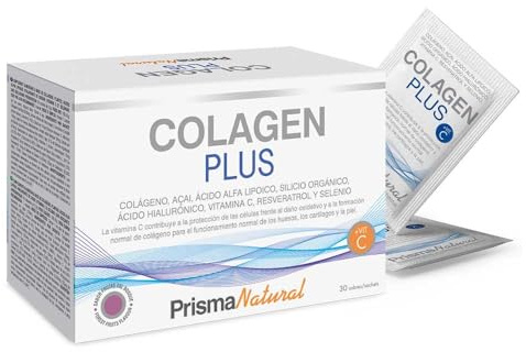 Prisma Natural-Colagen Plus sobres.Complemento alimenticio colageno hidrolizado, ingredientes como: acido hialuronico, resveratrol,silicio organico y vitamina C. Antiedad/antienvejecimiento 30 sobres