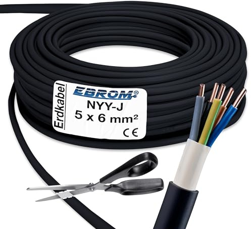 EBROM Erdkabel NYY-J 5x6 mm² Starkstromkabel Erdleitung schwarz - 30 m