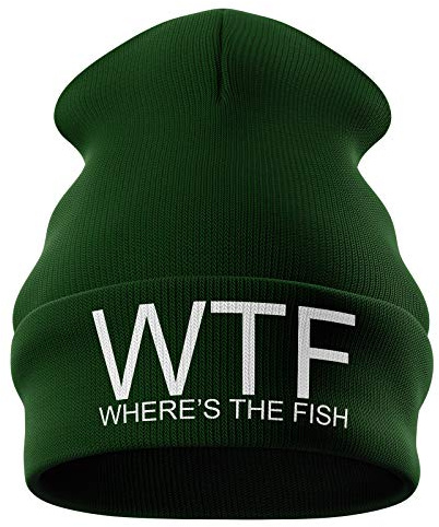 Fishing Gifts for Men - WTF Wheres The Fish Embroidered Carp Fishing Beanie Hat Mens (Bottle Green)