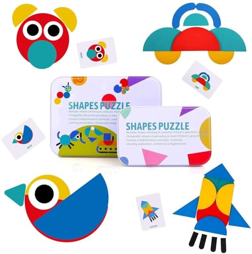 BBLIKE Tangram Madera, 36 Montessori Puzzle de Madera + 60 PCS Diseño Tarjetas de Apilamiento Juegos y Juguetes Educativos Clasificación de la Infancia