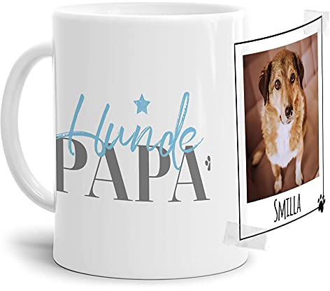 PfotenSchild Tasse mit Spruch - Collage Personalisieren - Hundepapa - Hundetasse - Für Hundeliebhaber und Hundebesitzer - 1 Bild + 1 Name, Weiß, 300 ml