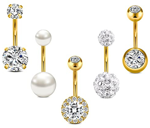 Crdifu Piercing Ombelico Oro 14G 10mm Piercing all'Ombelico Perla 5 Pz