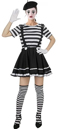 NUWIND Damen Pantomime Kostüm Französisch Klassisch Mime Spiel Set, schwarz-weiß gestreiftes Oberteil Rock Barett Strümpfe Handschuhe Künstler Zirkus Clown Karneval Halloween (XXL)