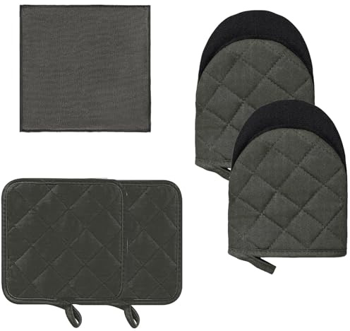 Kitchen Set Pack Of 5, Oven Mitts Pot Holders Pad And Towel Set, Heat Resistant Silicone Kitchen Mini Oven Mittens for 500 Degrees, Mini Oven Gloves and Hot Pads for Baking Grilling Barbecue Microwave