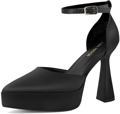 JENN ARDOR Women’s Chunky Platform High Block Heels Pointed Closed Toe Ankle Strap Comfortable Sexy Party Dress Wedding Pumps Shoes Black-Satin