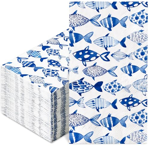 80Pcs Ocean Fish Guest Napkin Blue Watercolor Fish Disposable Paper Napkin Decorative Dinner Hand Towel Napkin for Summer Home Kitchen Bathroom Party Supplies Table Decor