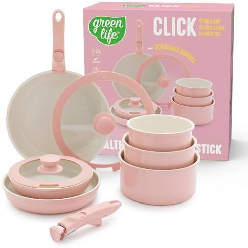 GreenLife Juego de 10 ollas y sartenes antiadherentes, mango desmontable y apilables, sartenes no tóxicas sin PFAS, sartenes de cocina de inducción, ahorro de espacio, cuencos para servir, aptos para