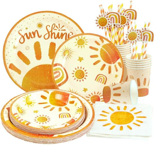 Easy Joy First Trip Around The Sun Party Tableware 80pcs Boho Sunshine Birthday Decoration for Girls Boys Sun 1st Birthday Paper Plates Napkins Cups Baby Shower Party Supplies,Serve 36 Guests