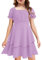 Arshiner Robe Fille Manches Courtes Robe à Volants Robe Chic en Mousseline de Soie Robes de Soirée Robes élégantes pour Enfants Robes de Fête Violettes Robe à Volants avec Ceinture 5-6 Ans