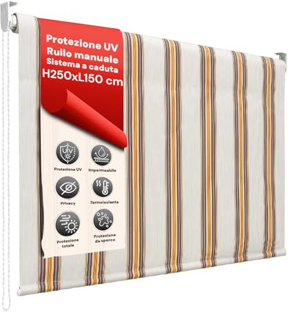 AVILIA Rideau de soleil à chute 250 x 150 cm avec rouleau en aluminium, pare-soleil extérieur à rayures Beige, fixation au plafond inclus