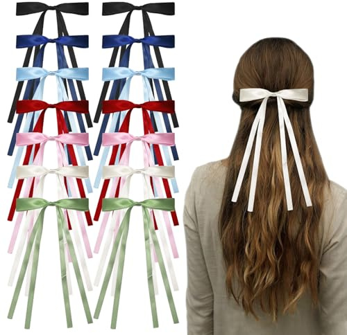 SYEYCW 14 Pcs Hair Bows for Women, Colorful Hairs Bows, Bow Hair Clips with Long Tails, Satin Ribbon Hair Bows with Metal Clips, Solid Color Ribbon Bowknot Hairclip, for Women, 7 Colors