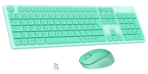 LeadsaiL Teclado y Raton Inalámbrico, Teclado y Raton Inalambrico Ergonómico, Español QWERTY, Tamaño Completo con Teclado Numérico, Receptor USB 2.4 GHz for Mac, PC, Ordenador Portátil-Verde Menta