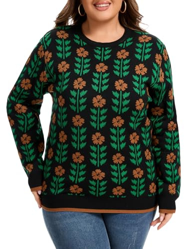 Moon Wood Jerséis Mujer Plus Size Suéter Oversize Tejido Jacquard Casual Invierno Cálido Jersey Manga Larga Cuello Redondo Tallas Grandes Estampado 05 5XL