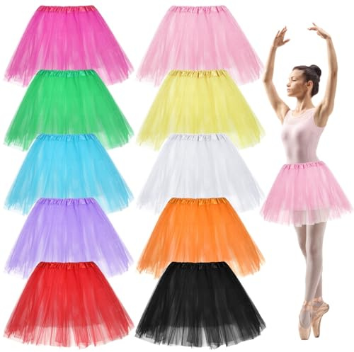 Lot de 10 jupes tutu pour femme, design en tulle à 3 couches, taille élastique confortable, tissu polyester, coloré pour costumes et danse
