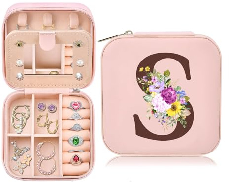 Toozen Joyero con Nombre Inicial S joyero Pequeña Portátil Joyero Viaje con Espejo Mini Joyero Personalizado Organizador de Joyas para Mujer Niña Regalo de Cumpleaños Día de la Madre Navidad Rosa