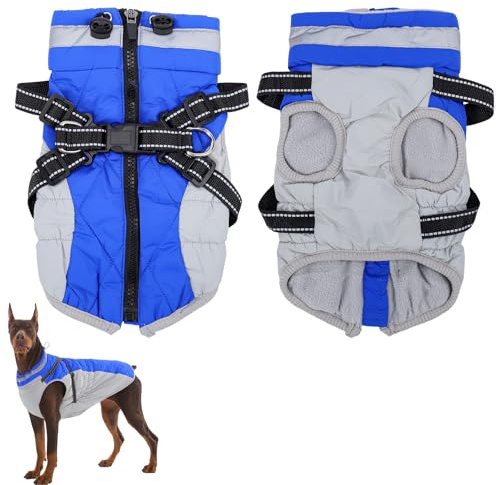 Mayoii Waterproof Dog Coat with Harness, Dog Rain Coat - Warm Fleece Winter Dog Jacket Waterproof, dog coat waterproof for Small, Medium & Large Dogs (Blue, L)