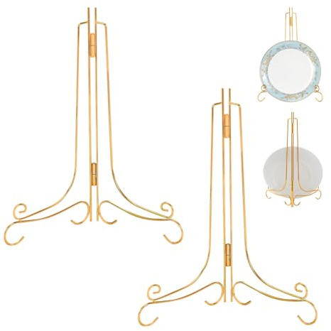 HMIEPRS 2 soportes de hierro para platos de 30,5 cm, plegable, soporte de exhibición, soporte de metal para placas decorativas, imágenes, CD, arte de mesa, dorado