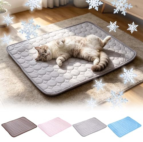 Tapis Rafraîchissant pour Chien et Chat, Coussin de Refroidissement Lavable sans Gel, Couverture Respirante en Soie Glacée pour Animaux, Lit d'été Auto-Rafraîchissant pour Auto (A02-Grey, One Size)