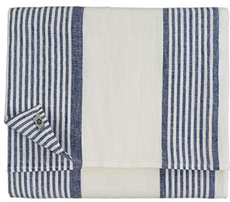 LINEN & COTTON Tovaglia da Tavolo Blu Bianca A Strisce Olivier - 100% Lino Lavato, Blu Bianco (150 x 250 cm) Vintage Tovaglia di Stoffa Rettangolare da 8 Posti per Casa Cucina Estate Festa Party