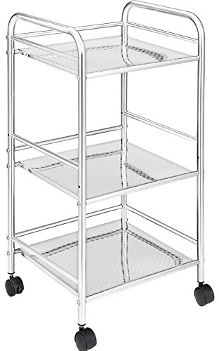 BAKAJI Carrello Portaoggetti in Acciaio Cromato per Bagno Cucina Parrucchiere o Estetista 4 Ruote Girevoli, 3 Ripiani, Dimensioni 40 x 35 x 75cm, Carrellino Multifunzione 3 livelli (Acciaio)