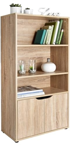 Saxony spot on dealz® 3 Shelves Cube Storage Shelving Unit 2 Doors Living Room Furniture Bookcases and Shelving Units Wooden Cabinets Book Shelf Narrow Display Cupboard Oak Finish