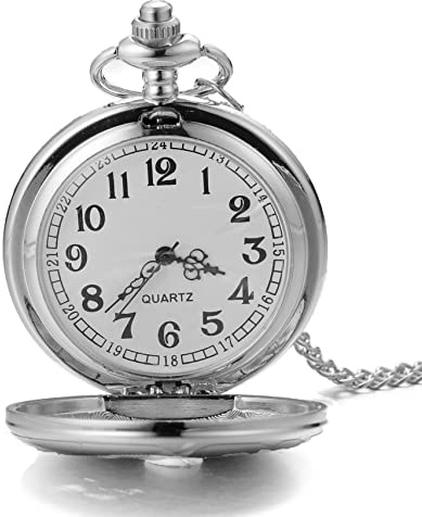 HALUKAKAH Hombres Reloj de Bolsillo con Cadena Cuarzo Chapado Oro Blanco Platino Vintage Escala de Números Romanos Superficie Lisa, con 2 Cadenas Set Cadena de Bolsillo+Collar, Caja de Regalo